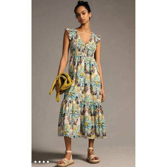 ANTHROPOLOGIE The Peregrine Midi Dress Large Floral Flutter Sleeve Boho Bohemian - Picture 1 of 12